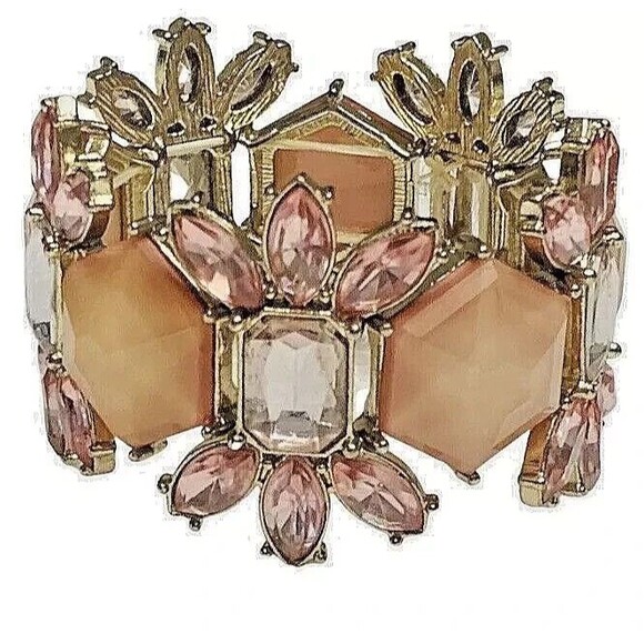 VTG Pink Rhinestone Flower Wide Bracelet 7" Silver Tone Cottagecore Trendy - Picture 10 of 10